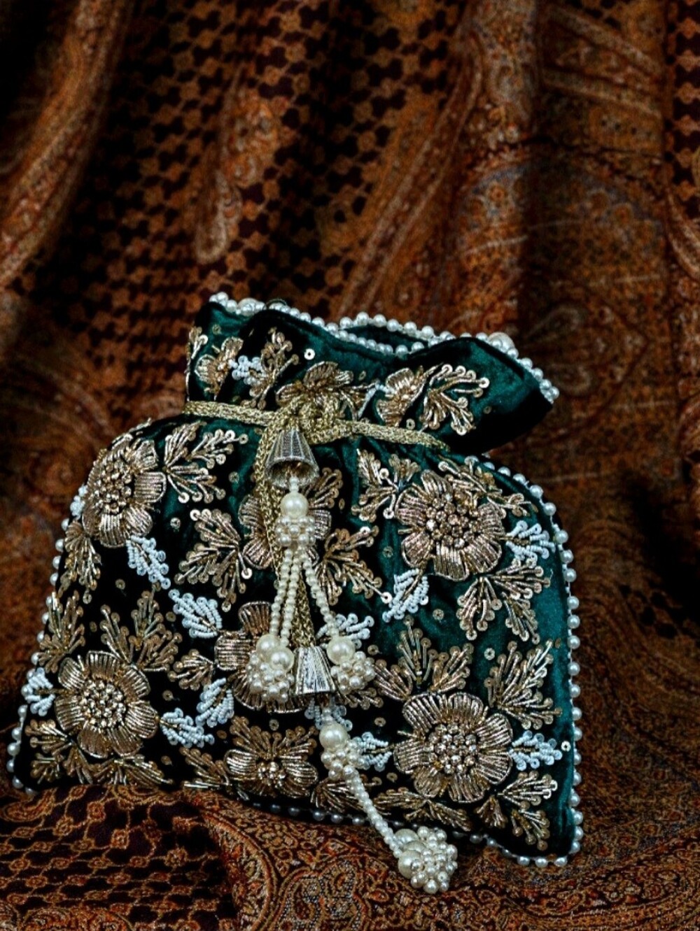 Embroidered Green Velvet Potli Bag with Pearl Tassels - Picture 2 of 5